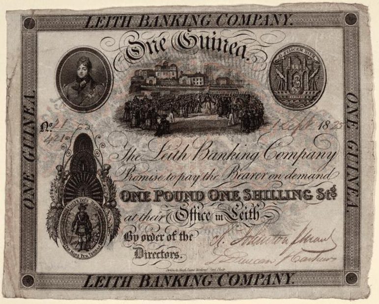 An aged black and white bank note with various illustrations and text