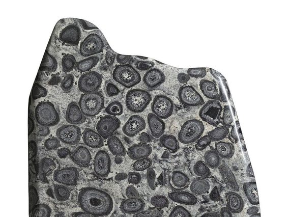 A large grey standing rock with concentric circle patterns covering its polished surface