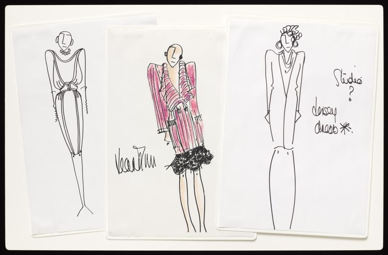 A series of three sketches depicting dress designs on three female figures
