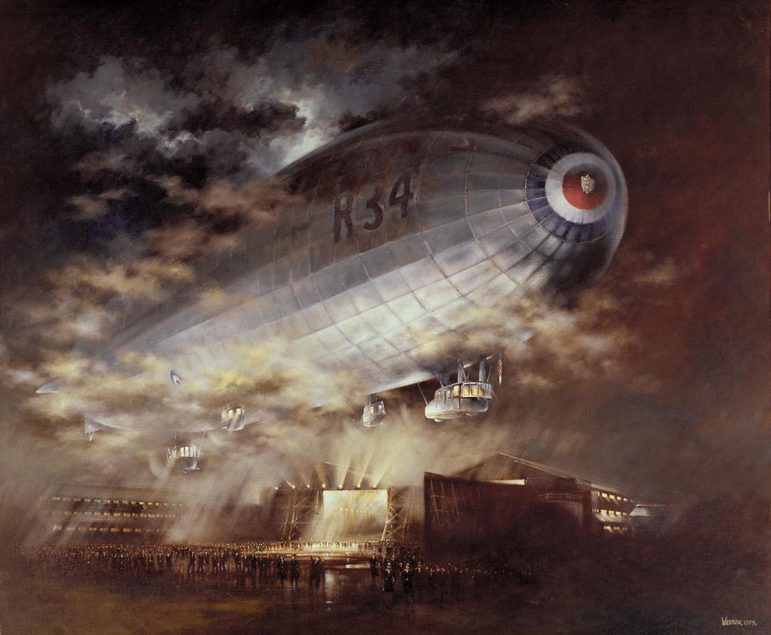 A painting depicting a large blim-like airship hovering over an airfield filled with spectators.