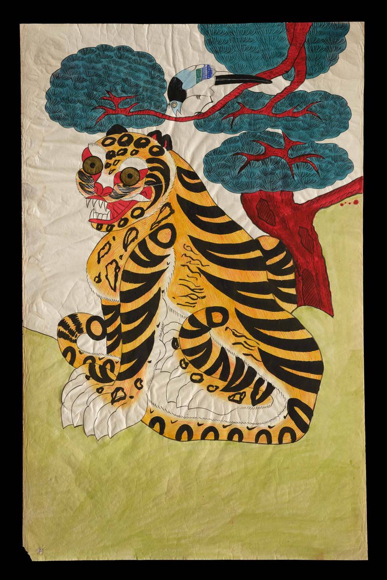 Painting of a stylised tiger with a magpie resting on a branch of a pine tree