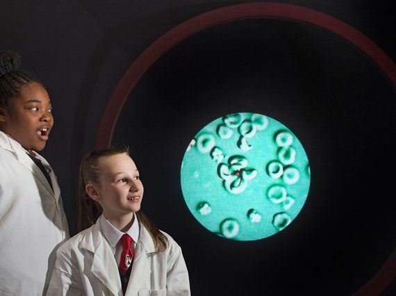 Two school pupils in lab coats standing next to a projection of a microscope slide. The slide shows parasite cells.