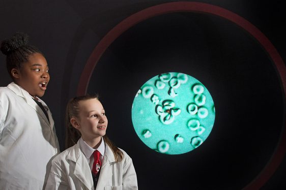 Two school pupils in lab coats standing next to a projection of a microscope slide. The slide shows parasite cells.