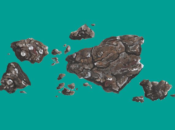 An illustration of a dark grey rock in many fragments against a teal background