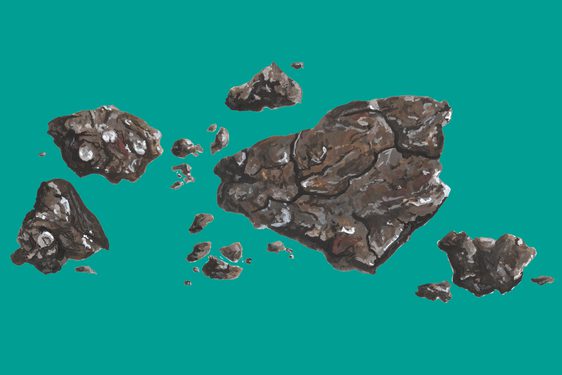 An illustration of a dark grey rock in many fragments against a teal background