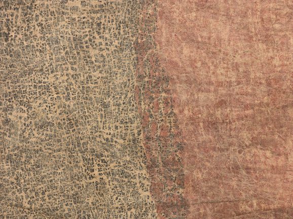 Detail of a white barkcloth with broad stripes in dark grey and pink.