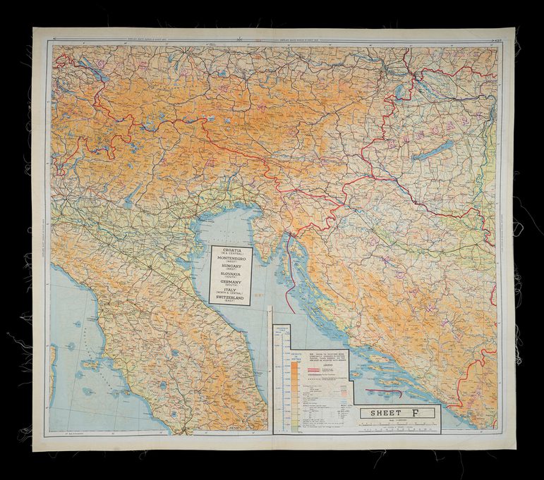 A silk map showing Croatia, Montenegro, Hungary, Slovakia, Germany, Italy, and Switzerland. I