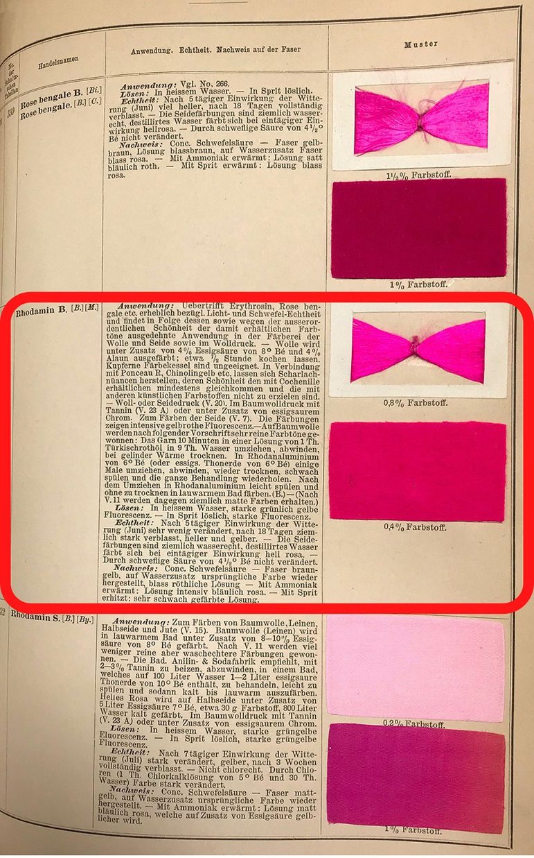 An old book with columns of text beside samples of pink textiles.