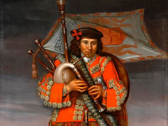 A portrait of a Scottish piper in traditional dress made up of red tartan.