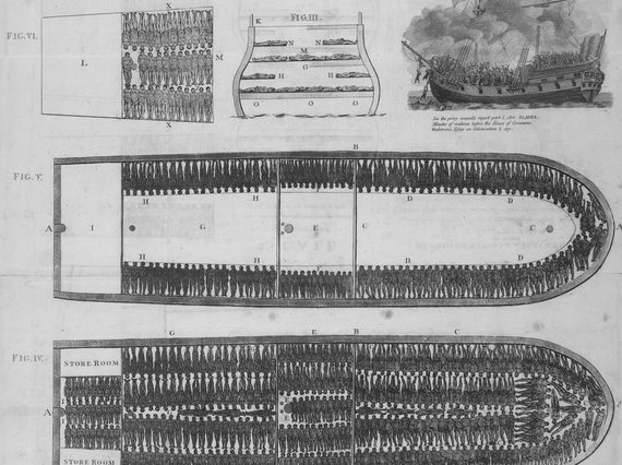A black and white document showing plans of a boat intended as a slave ship. There are illustrations of where people will be squeezed in on the boat.