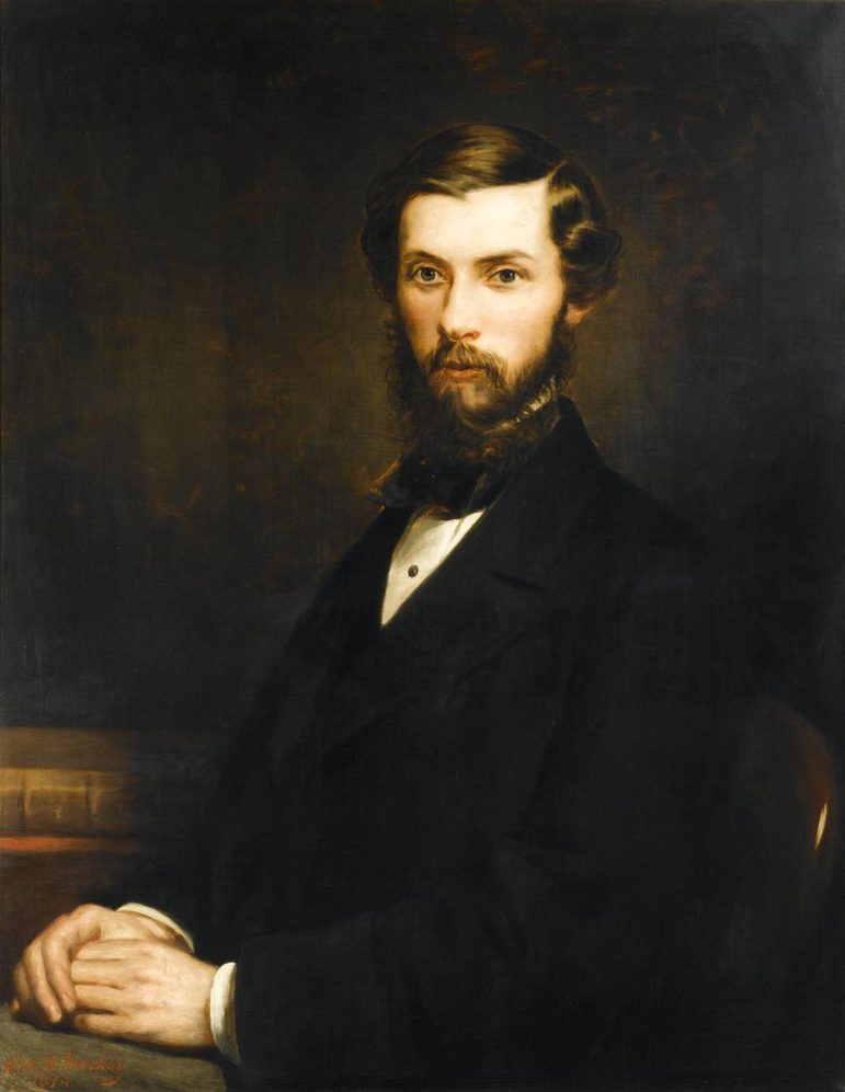 A painting of a man looking outward with short brown hair and a beard wearing a white shirt and black jacket