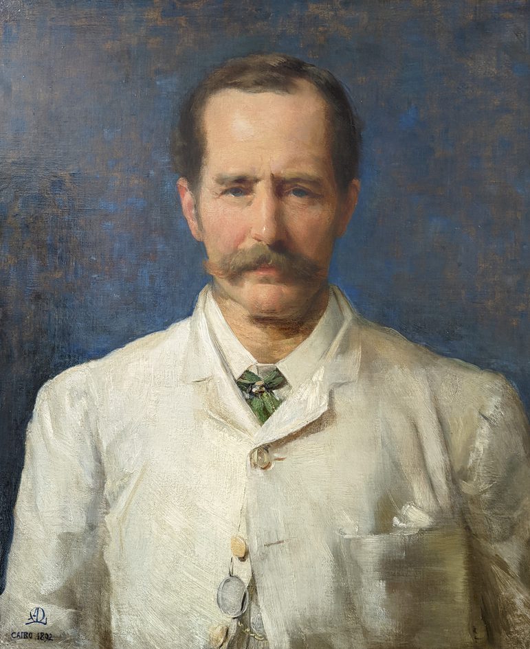 A painted portrait of a man from the shoulders up. He has short brown hair and a wide moustache, and wears a white shirt with a buttoned white jacket and green neck tie.