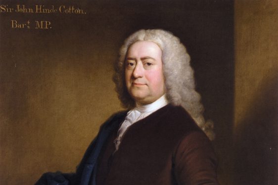 A half length portrait of a man turned sideways, left elbow resting against a pillar. He is wearing a long curly white wig, brown coat and blue drape, draped over the right shoulder.