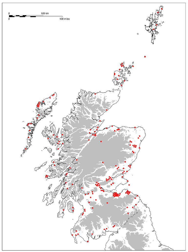 A black and white map of Scotland with red dots distributed around.