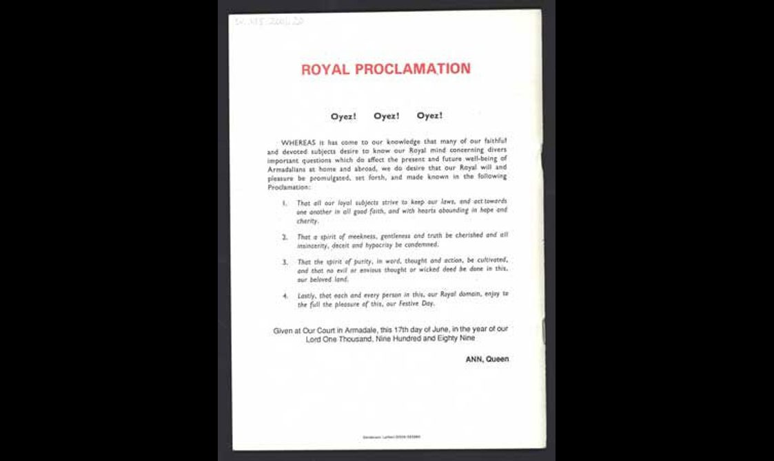 A script of a 'royal proclamation' read out by the Gala Day Queen