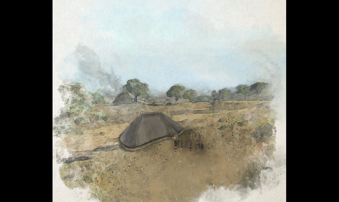 Illustration of a structure or dwelling in a field. A group of people stand outside it.