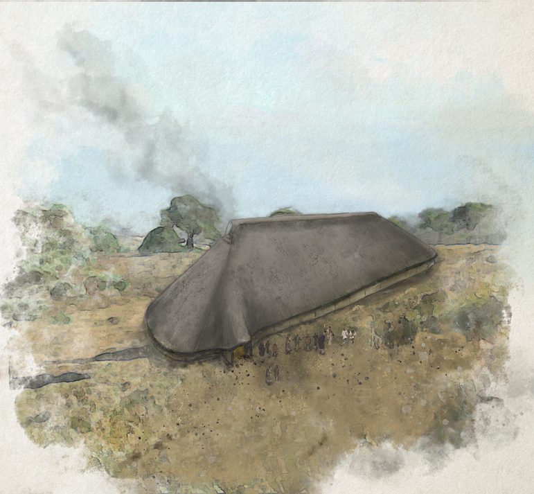 An illustration of a large oval Neolithic timber hall in a field. There are a small group of around a dozen people assembled outside.