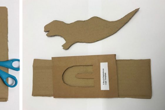 Three stages of making a cardboard dinoasaur, from drawing the outline on card to cutting it out.