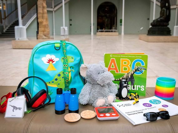 A selection of sensory objects on a bench in a museum gallery. Some of the objects include ear defenders, a cuddly elephant toy, binoculars, and sunglasses.