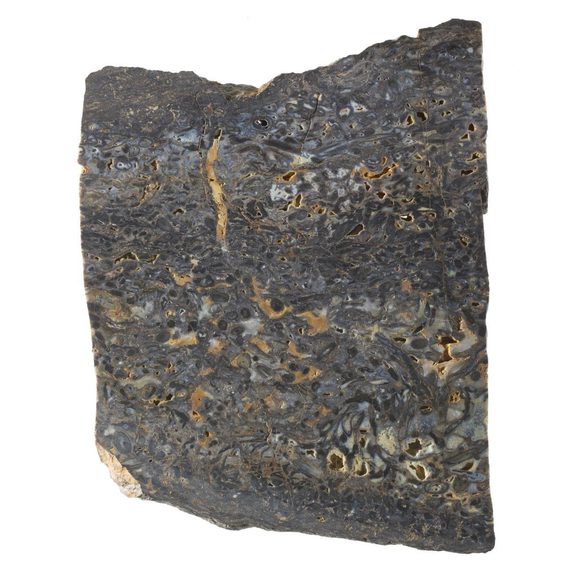 A grey rock speckled with blue, white, and orange