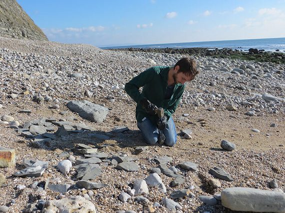 A man kneeling on a rocky beach examining rocks.