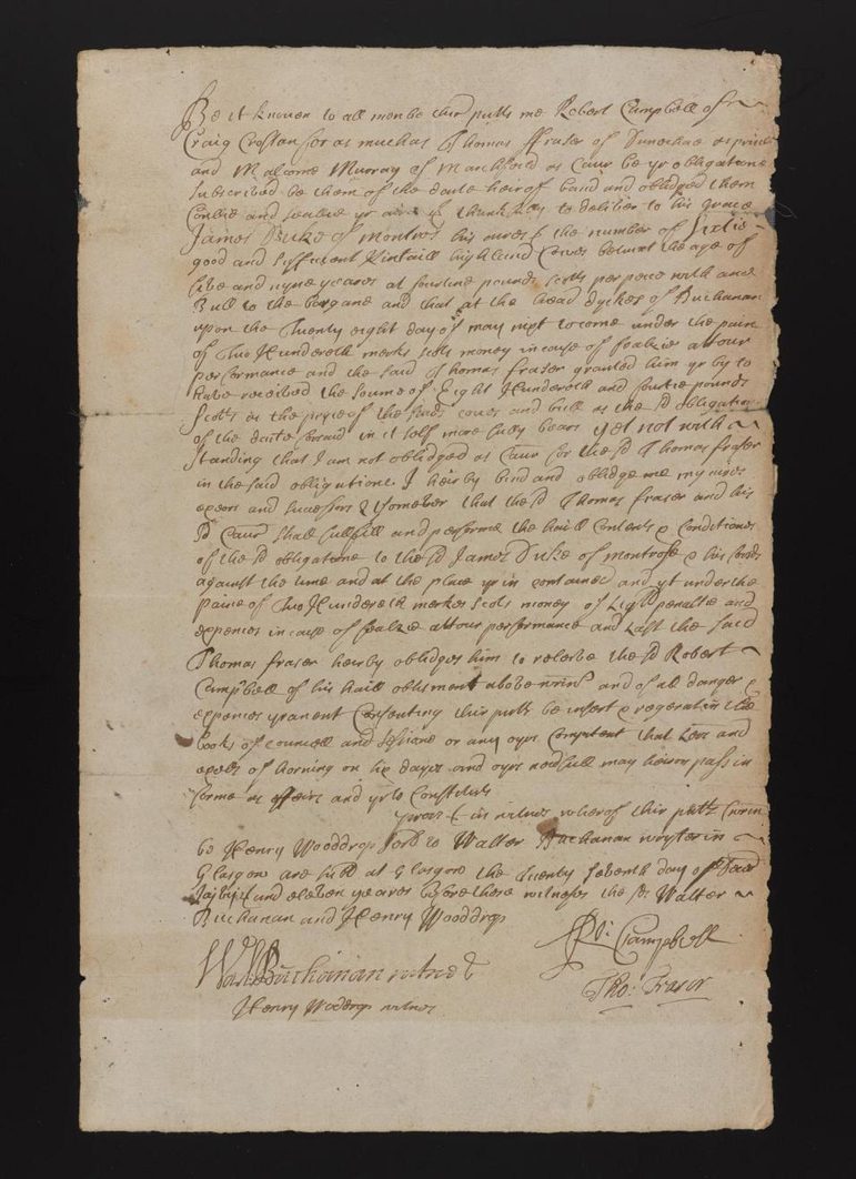 A handwritten torn yellowed piece of parchment in light brown ink.