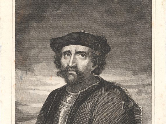 A book illustration of a man with curly hair and a beard looking upwards, wearing a beret, an armour breast and a coat over it.