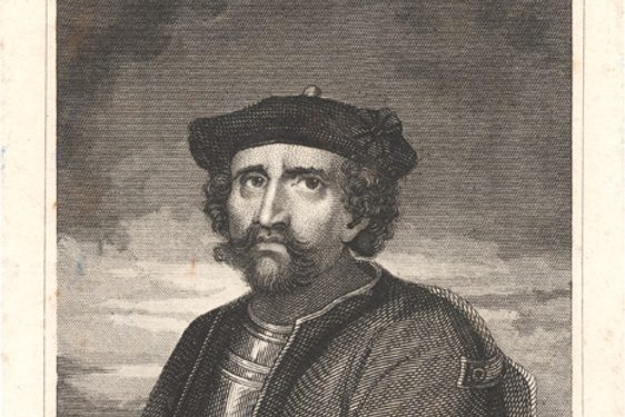 A book illustration of a man with curly hair and a beard looking upwards, wearing a beret, an armour breast and a coat over it.