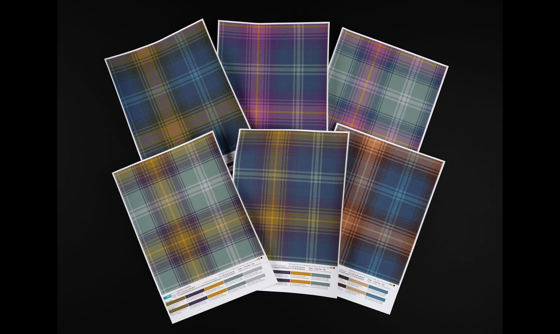 Six sample cards of colourful tartan patterns
