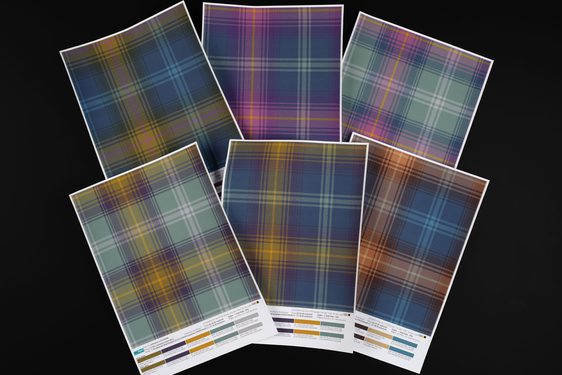 Six sample cards of colourful tartan patterns