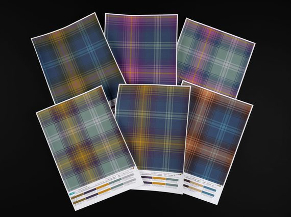 Six sample cards of colourful tartan patterns