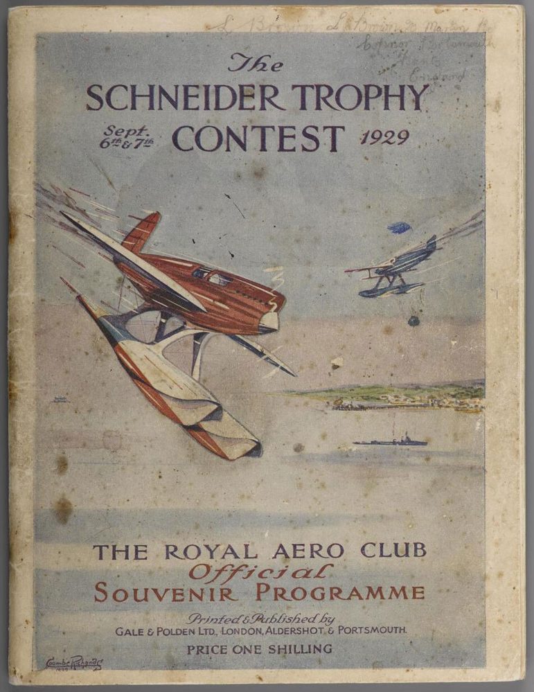 An aged paper programme of a filght competition featuring illustrations of planes on the cover.