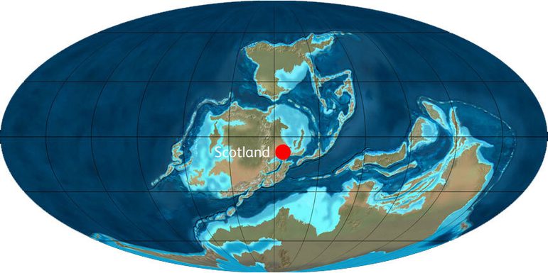 An illustrated world map showing the location of Scotland about 360 years ago.