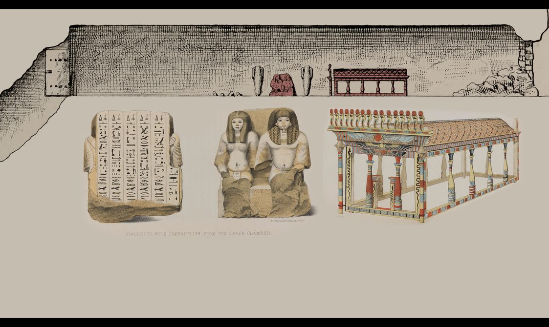 An illustration of an Egpytian tomb and a statue and structure found within it.