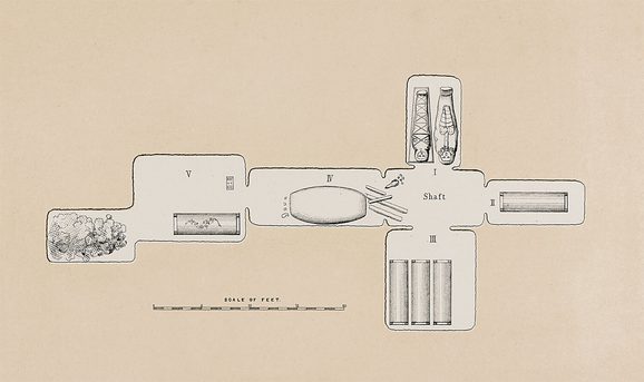 A line drawing bird's eye view illustration of an Egyptian tomb showing where bodies were buried.