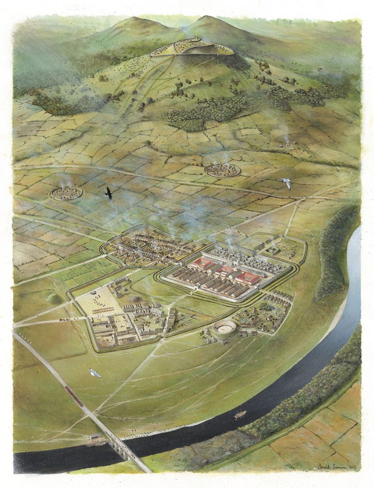 Illustration of a large and well-organised Roman fort between to a large, three-pointed hill and a wide, dark river.