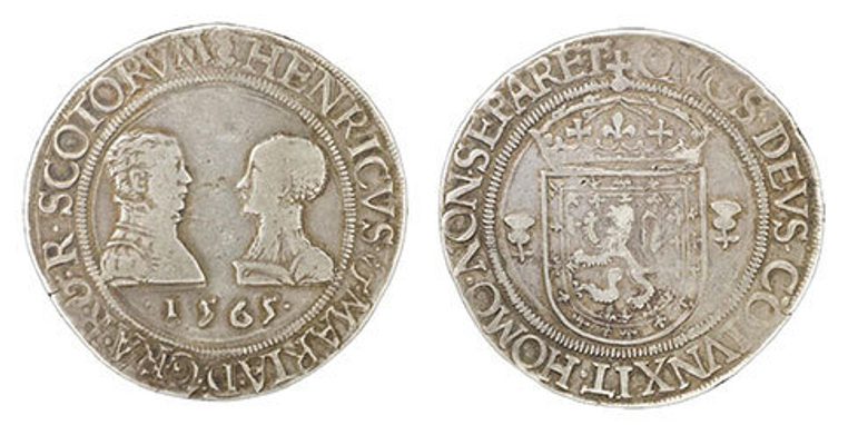 Two silver coins with profiles of faces and royal crests imprinted in the middle and letters around the circumference