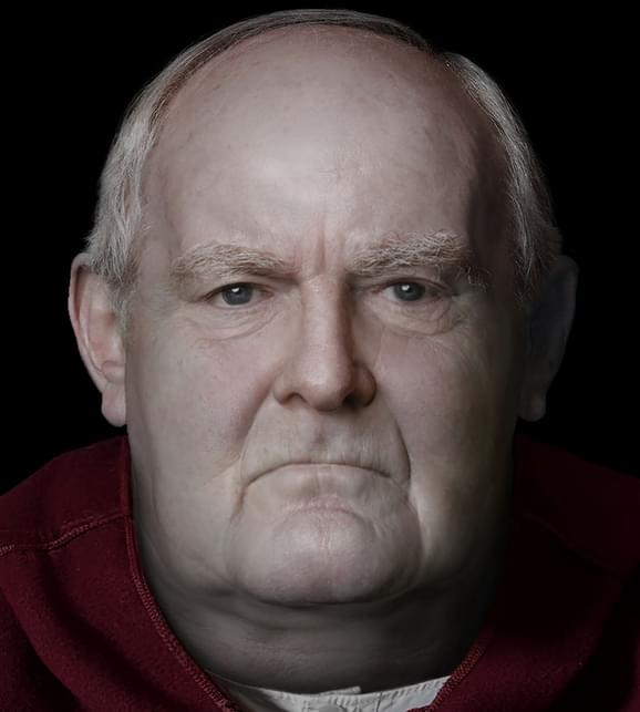 Close-up 3D facial reconstruction of Bishop Walter wearing red bishop robes.