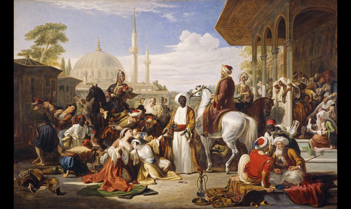 A painting depicting a chaotic group of people in the foreground and a mosque building with two towers in the background
