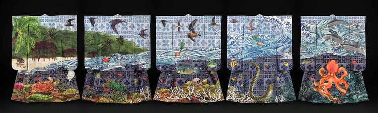 Series of five illustrated kimono with textile imagery of wildlife and and plastic pollution objects beside the Samoan coast