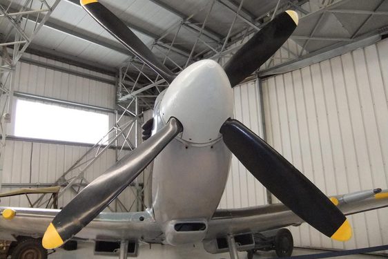 Close-up shot of the propeller of a Spitfire aircraft.