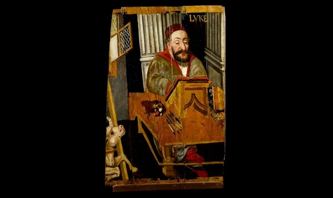 Painted, colourful ceiling panel depicting St Luke.