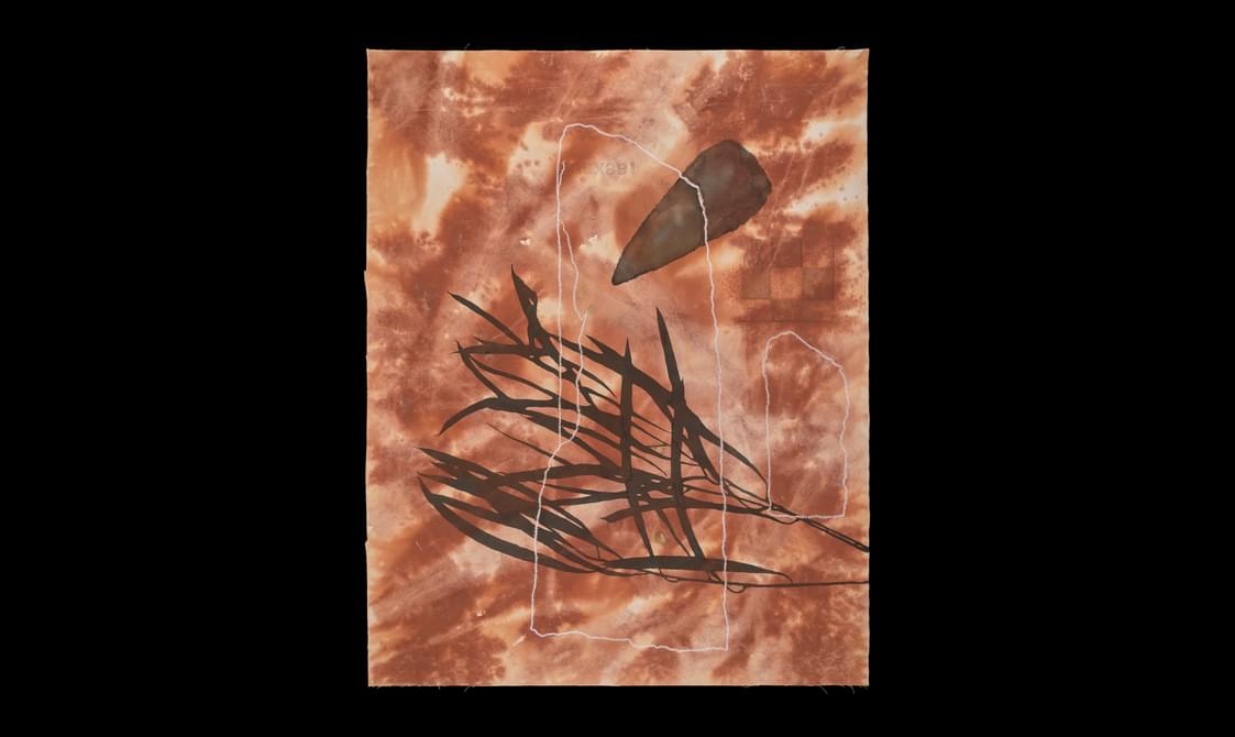 A painting showing the outline of 2 stones, two tree branches and a leaf set against a brown and white background.