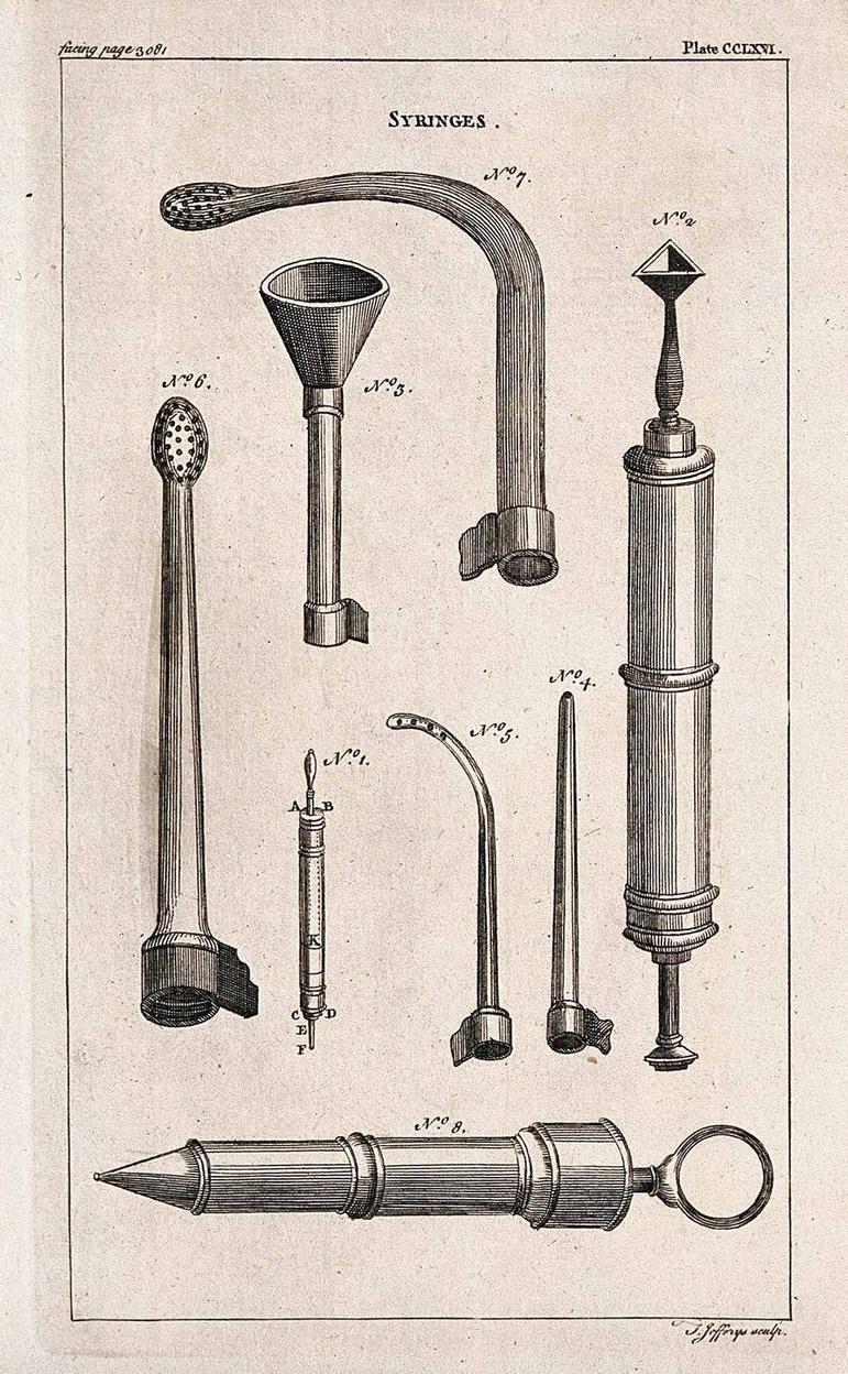 Black and white illustrations of different surgical syringes.
