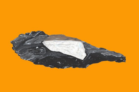 An illustration of a long dark rock with a bright white section, against an orange background
