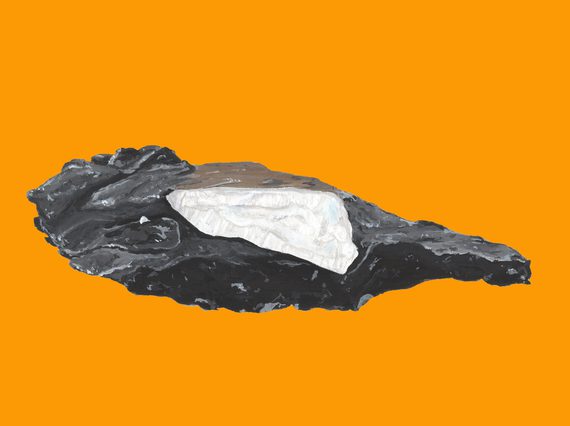 An illustration of a long dark rock with a bright white section, against an orange background