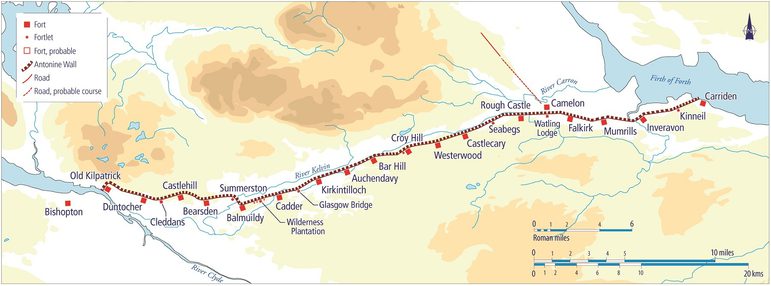Thin rectangular map focused on the Antonine Wall, represented by a solid red line with forts represented by red squares at regular intervals.
