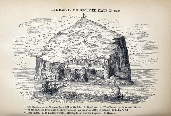 An illustration of an island comprised of large rock with a number of buildings on one side of the rock and two ships in the foreground.