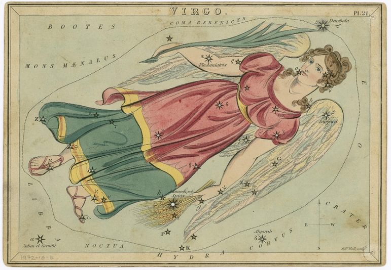 Illustration of young woman with wheat and a palm leaf representing the constellation Virgo
