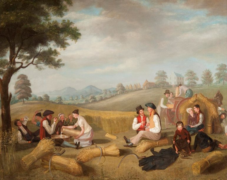 A watercolour painting of a rural scene, where a group of people are sat enjoying refreshments in a field, with harvested bales tied up with string all around them.